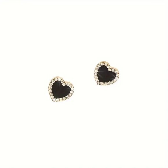 Black Heart Stud Earrings w/ Sparkling Rhinestones - Picture 4 of 4
